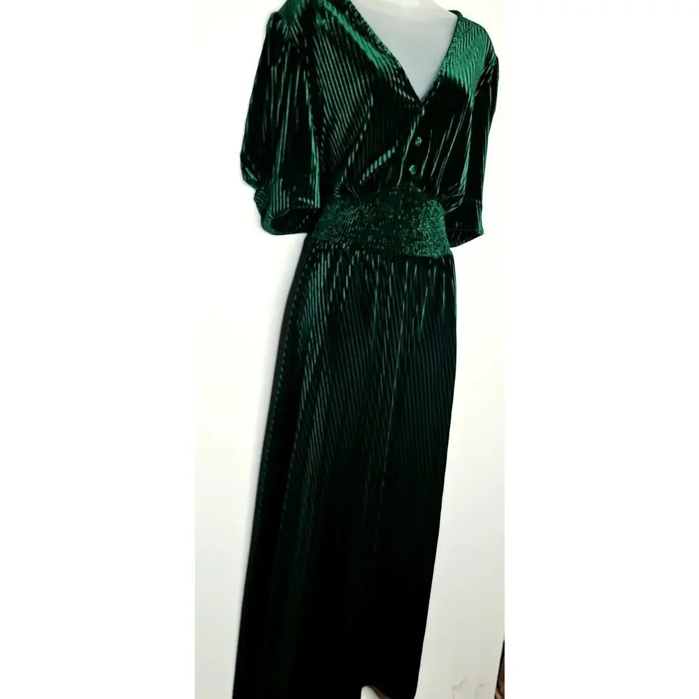 Velvet Smocked Maxi Dress 24W 3X Emerald Full Sweep Fall 40s Retro Pinup Fashion